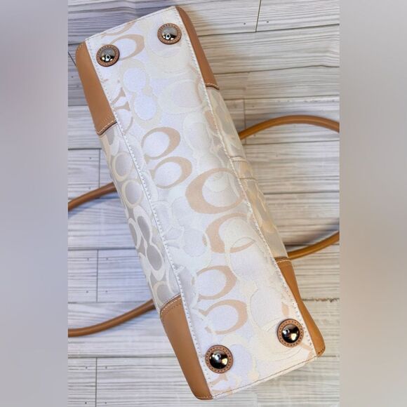 044-Coach:11818 Hampton Optic Brown Signature C Jacquard Cream Leather Handbag - Picture 8 of 12